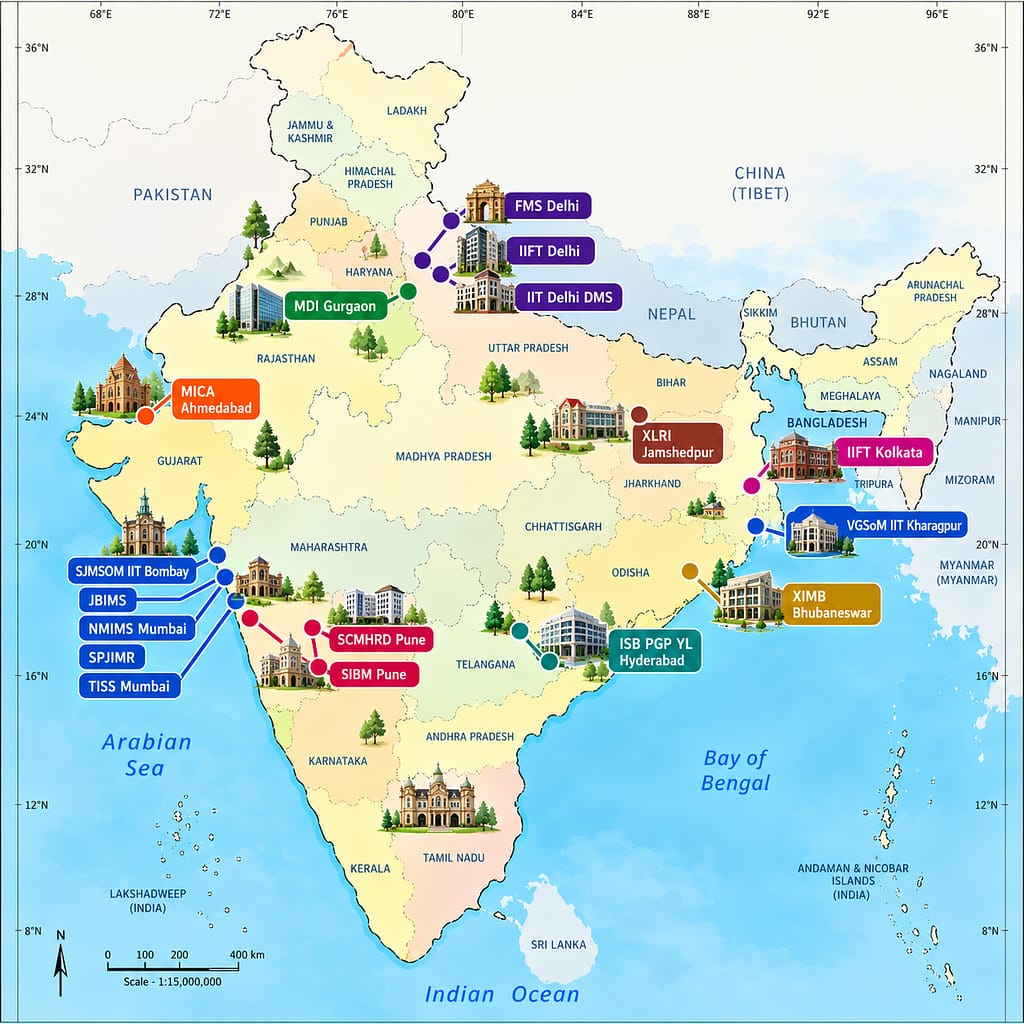 Top non IIM MBA colleges in India location map showing 16 leading B-schools