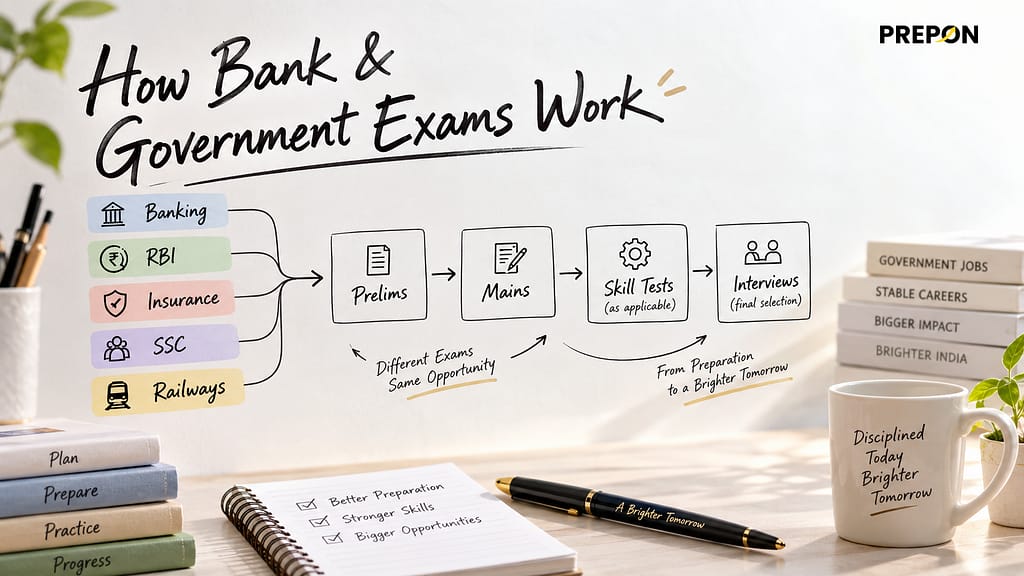 Bank and government exam preparation graphic showing Banking, RBI, Insurance, SSC and Railway recruitment stages including Prelims, Mains, skill tests and interviews