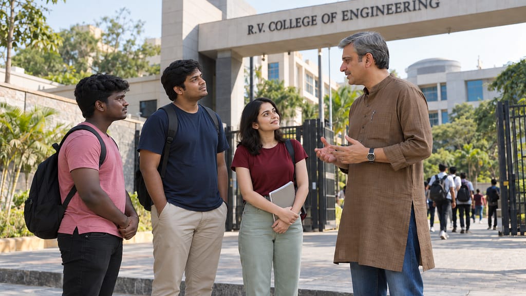 Mentor guiding three aspirants outside an engineering college for campus recruitment and placement preparation.