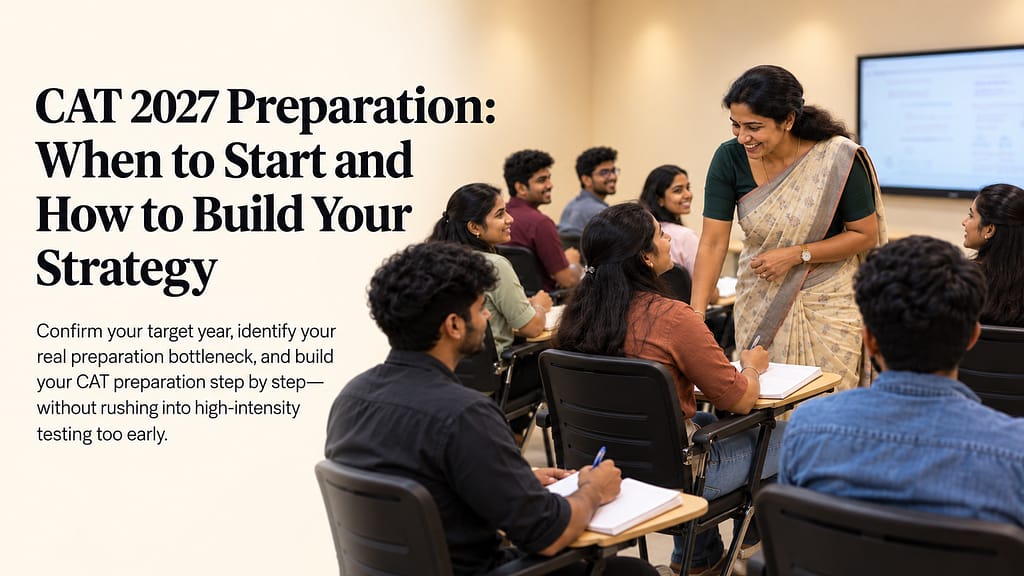 Indian female mentor guiding students during CAT 2027 preparation in a premium coaching classroom