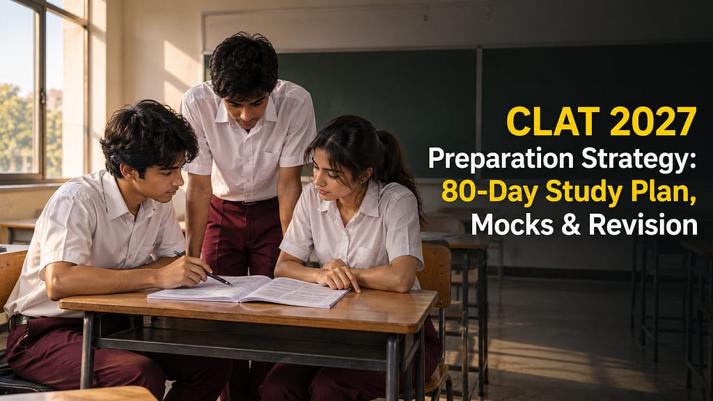 CLAT 2027 preparation strategy with three school students discussing a CLAT-style question paper