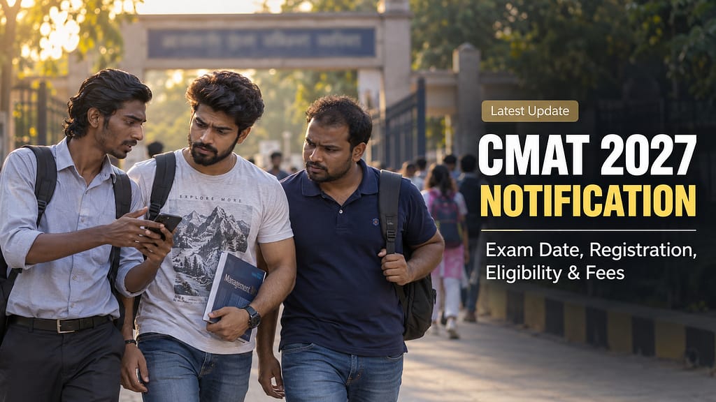 CMAT 2027 notification update with three college students discussing the tentative exam date and registration outside a college gate