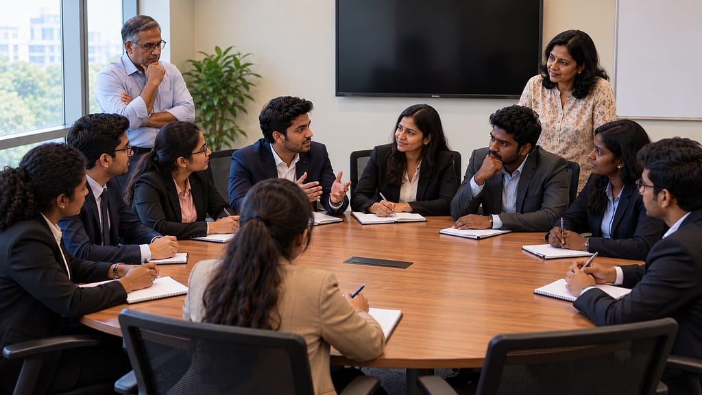 Indian aspirants participating in a group discussion while two moderators observe