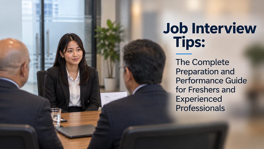 Job interview tips featured image showing a female job seeker facing two interviewers in a professional interview