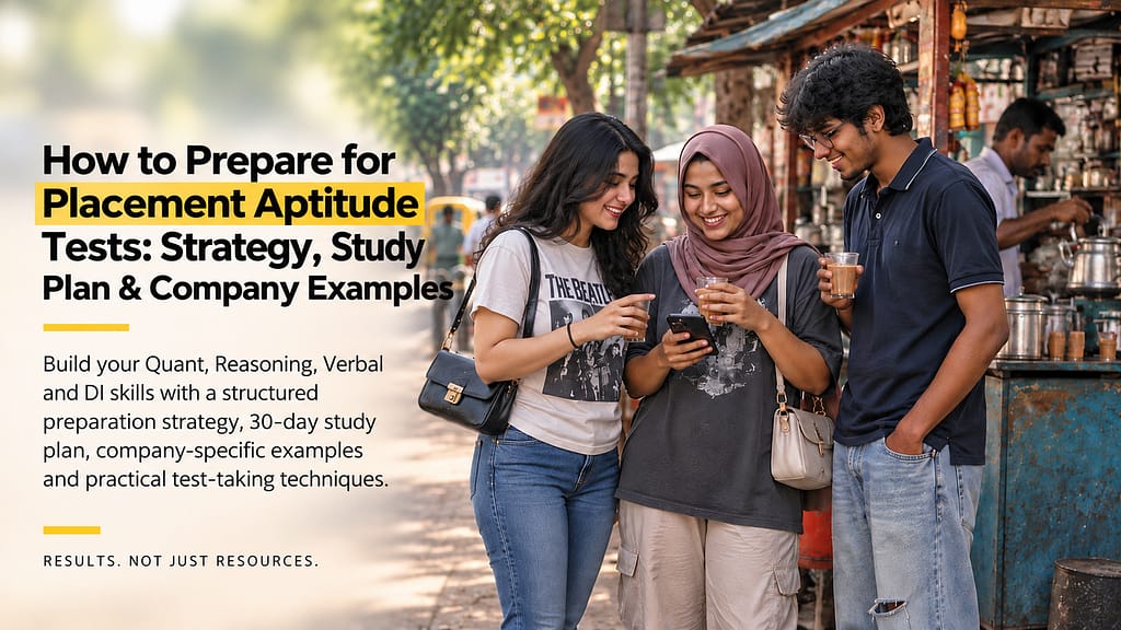 Placement aptitude preparation with three Indian students discussing practice on a mobile phone at a roadside tea shop.