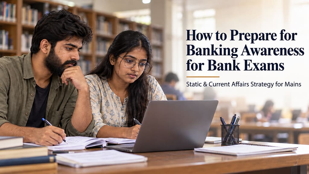 Two bank exam aspirants studying banking awareness for bank exams together in a library