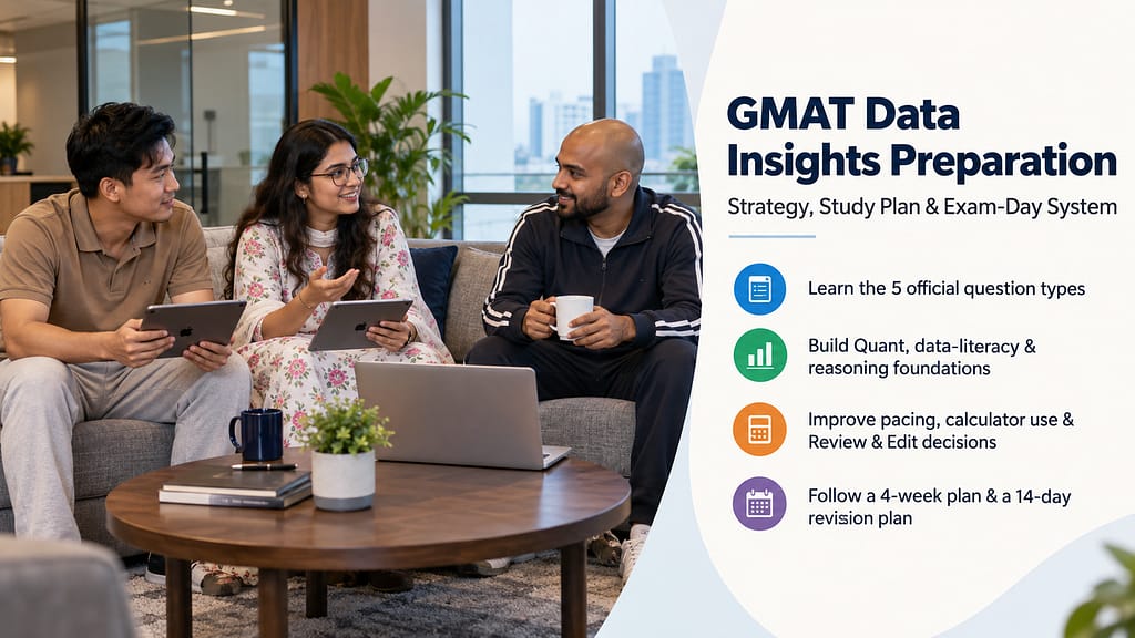 GMAT Data Insights preparation with three Indian aspirants studying in an office meeting room with tablets and a laptop.