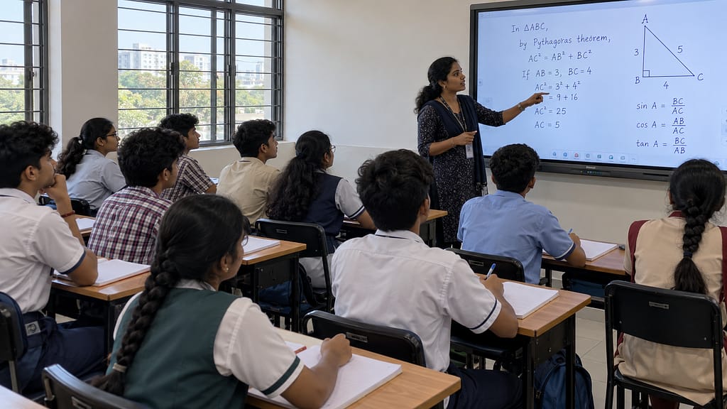 Female mentor teaching mathematics on a smart board to 10–12 school students in different uniforms in a PREPON classroom with open glass windows.