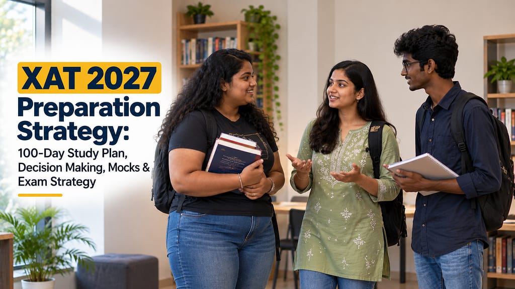 XAT 2027 preparation strategy with three Indian students discussing a 100-day study plan