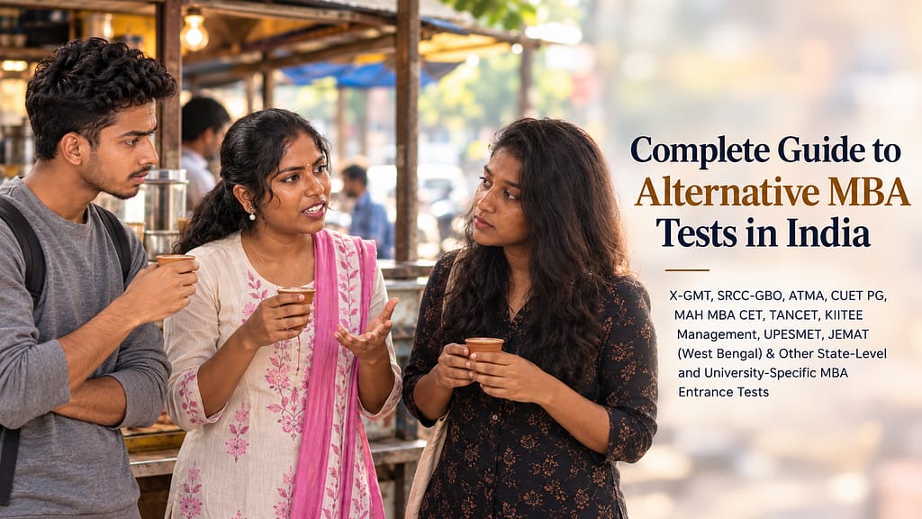 Three Indian MBA aspirants discussing alternative MBA tests in India at a roadside tea stall, standing with tea cups in hand.