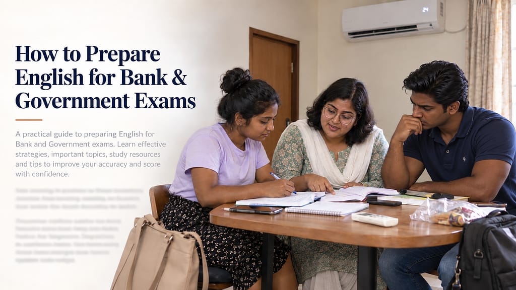 Bank exam English preparation with three students studying for Bank and Government tests