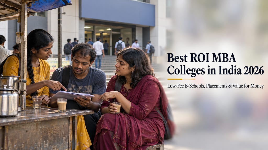 Three Indian MBA aspirants discussing the best ROI MBA colleges in India 2026 over tea outside a coaching institute