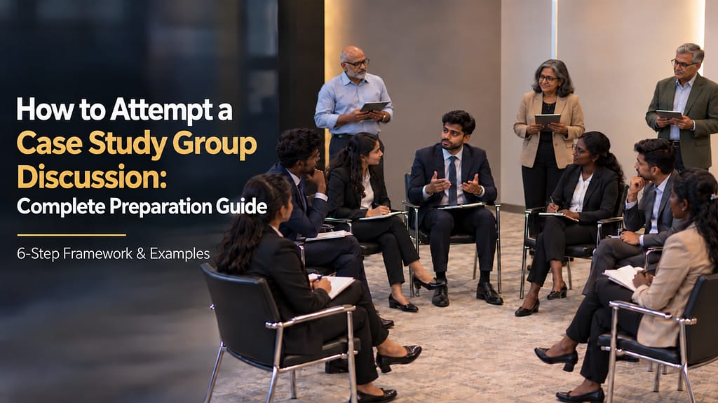 Indian MBA students participating in a case study group discussion while three senior moderators observe and evaluate their performance.