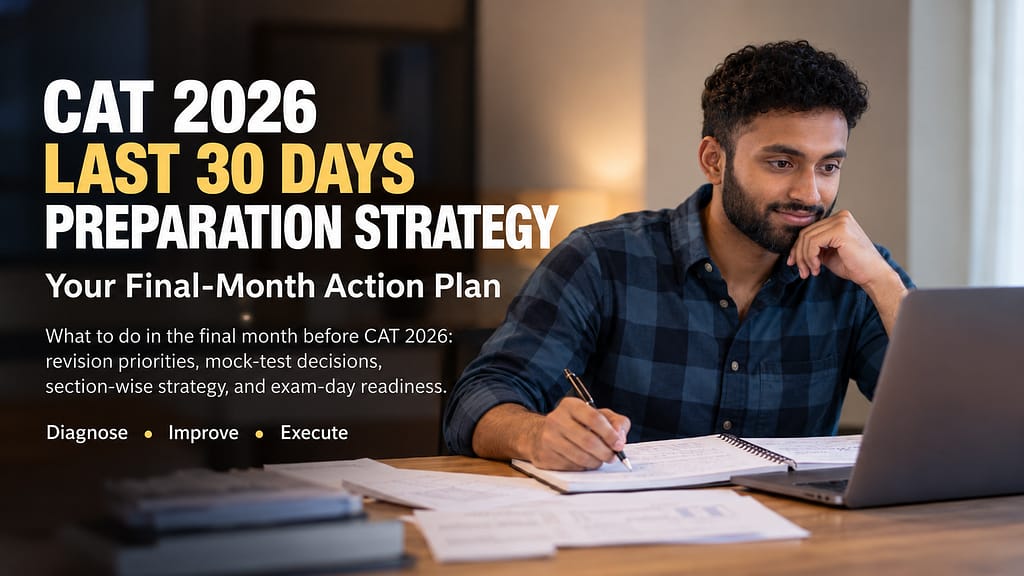 CAT 2026 last 30 days preparation strategy featuring an Indian MBA aspirant studying with a laptop and notebook