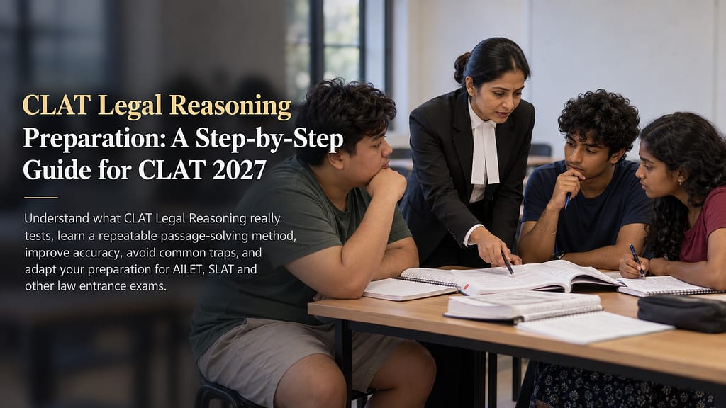 CLAT Legal Reasoning preparation with a female mentor explaining a passage to three students in a coaching centre
