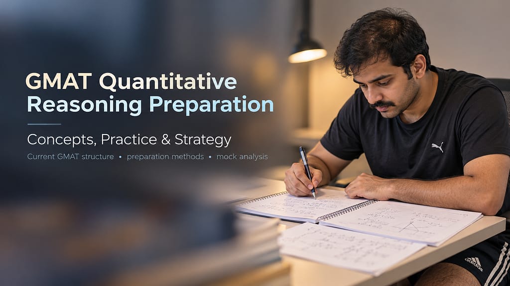 GMAT Quantitative Reasoning Preparation featuring a male GMAT aspirant practising quantitative questions at a study desk