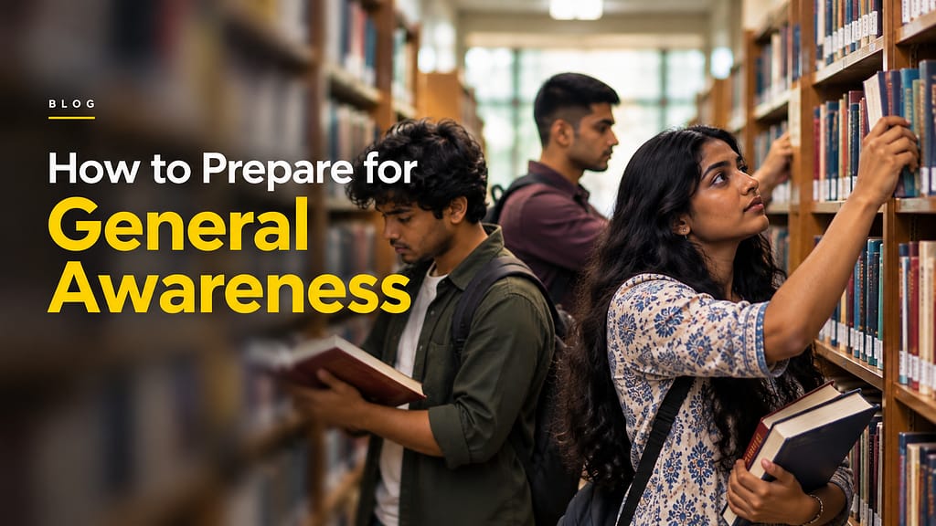 Three students selecting books in an Indian library — How to Prepare for General Awareness for competitive exams