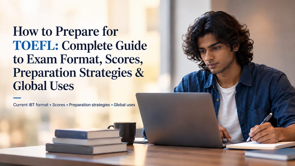 Indian student preparing for TOEFL on a laptop, illustrating how to prepare for TOEFL with study strategies, exam format and scoring guidance.