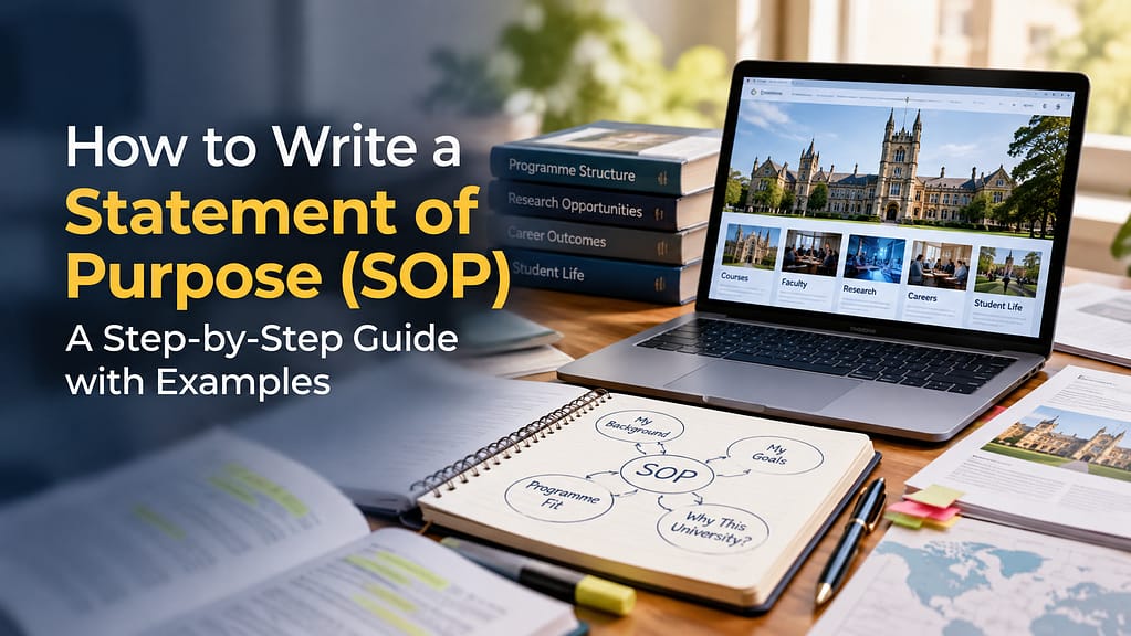 How to write a statement of purpose – SOP planning notebook, university research on a laptop, and a step-by-step guide with examples.