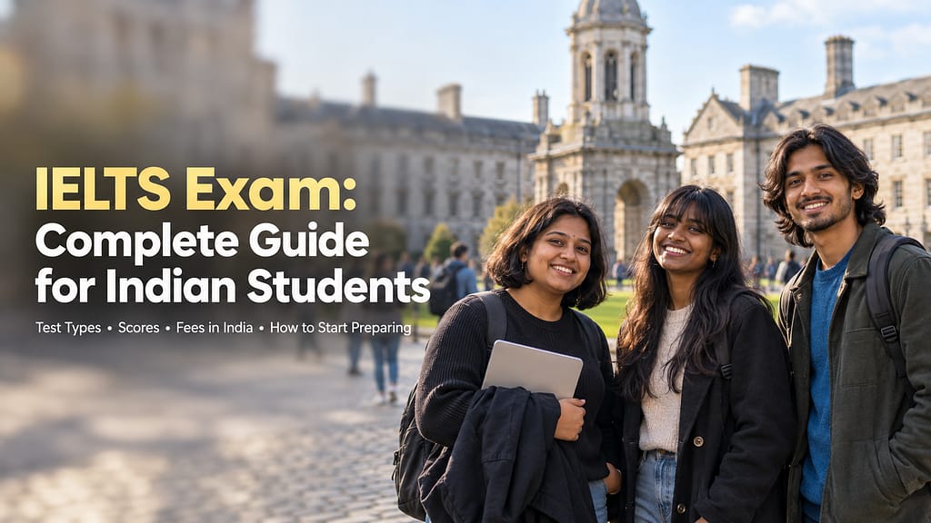 Three smiling Indian students at Trinity College Dublin, illustrating the IELTS exam complete guide for Indian students planning to study abroad.
