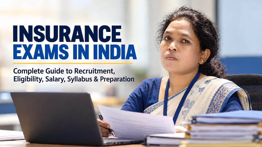 Insurance exams in India – female insurance office employee reviewing documents, with a guide to recruitment, eligibility, salary, syllabus and preparation.