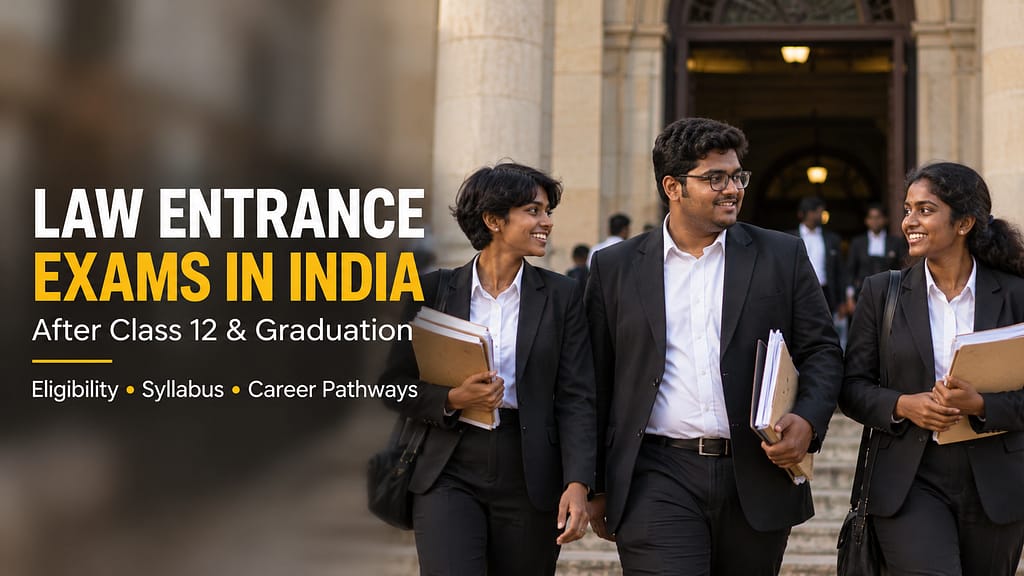 Three Indian law aspirants walking out of a courthouse, representing law entrance exams in India after Class 12 and graduation