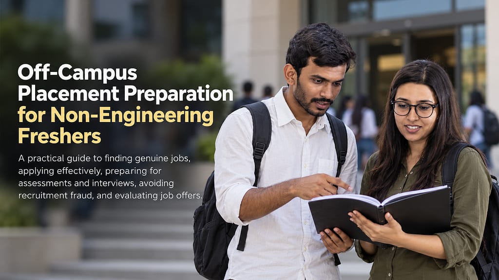 Two Indian BCom college students discussing career opportunities outside their college, illustrating off campus placement preparation for non-engineering freshers.