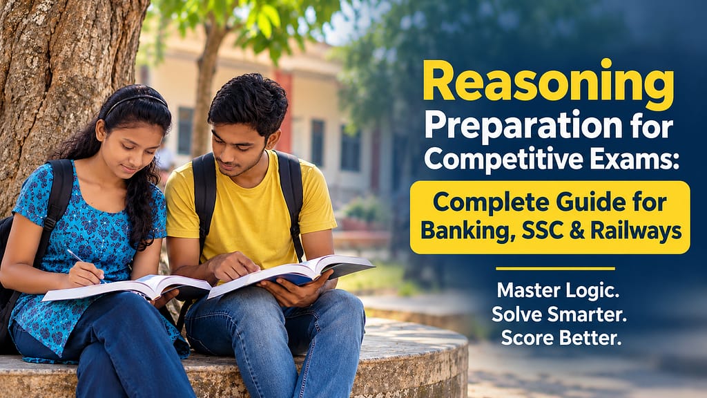 Two students studying under a tree for reasoning preparation for competitive exams, covering Banking, SSC and Railways