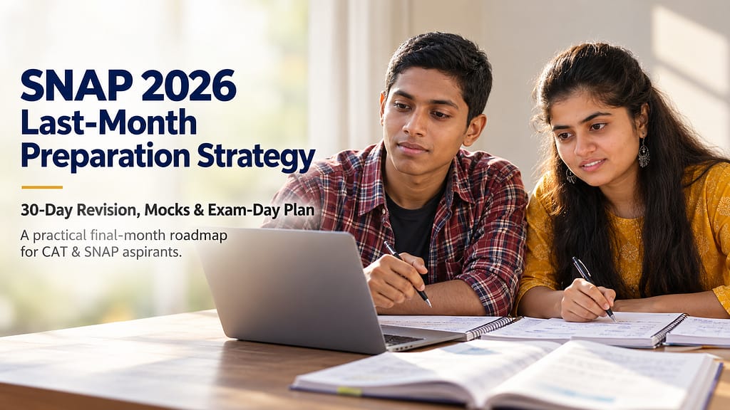 Two MBA aspirants studying together for CAT and SNAP 2026, illustrating SNAP 2026 last month preparation with a 30-day revision and mock-test strategy.