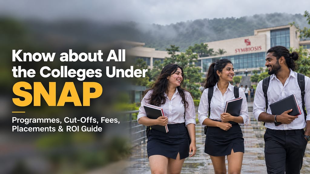SNAP colleges guide with three students at Symbiosis Lavale campus covering programmes, cut-offs, fees, placements and ROI