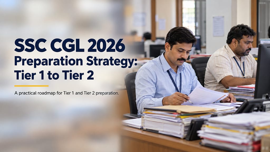 SSC CGL 2026 preparation strategy featured image showing two men working in a government office