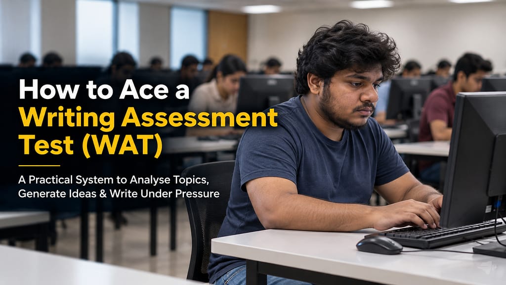 WAT preparation for MBA with a candidate typing a Writing Assessment Test in an exam hall