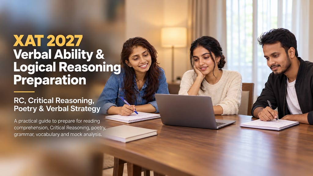 XAT verbal ability preparation for 2027 with two female students and one male student studying at a dining table at home