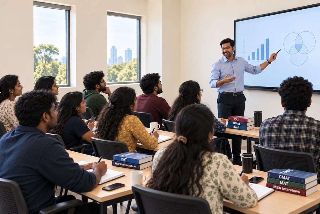 MBA entrance preparation classroom with students preparing for CAT, XAT, NMAT, SNAP, CMAT and other MBA exams