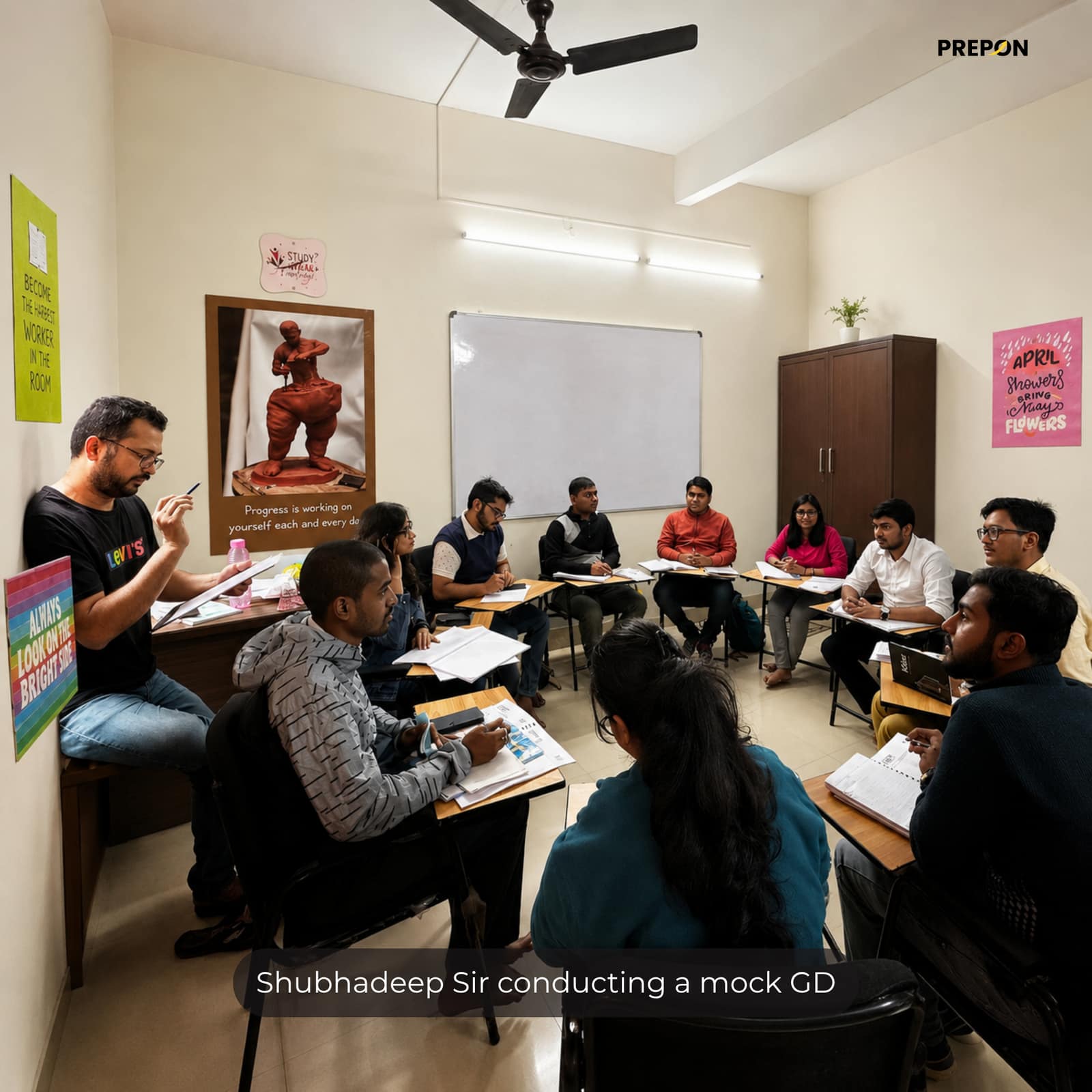 Shubhadeep Sir conducting a mock group discussion with PREPON students for CAT & MBA interview preparation